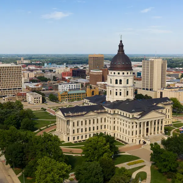 Aerial drone photo of downtown Topeka, Kansas, including the Kansas state capitol building.