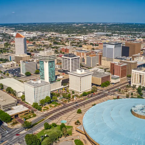 Aerial drone photo of buildings in downtown Wichita, Kansas.